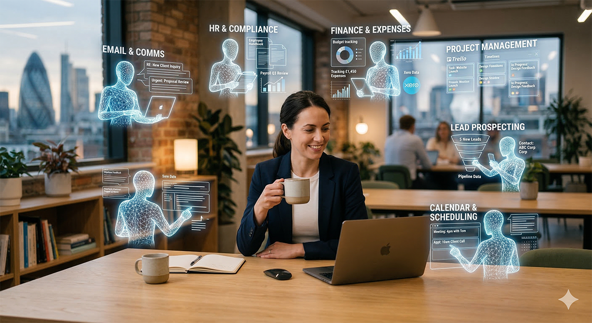 AI agents handling Email, HR, Finance, Projects, Lead Prospecting and Calendar while you focus on what matters